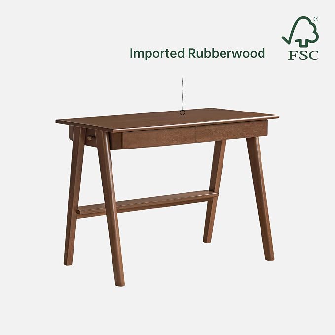 YESWOOD 100% Solid Rubber Wood Desk, Mid Century Modern Writing Computer Desk in Walnut Finish with Drawer for Home Office, Sturdy Room, Bedroom 39.37" W