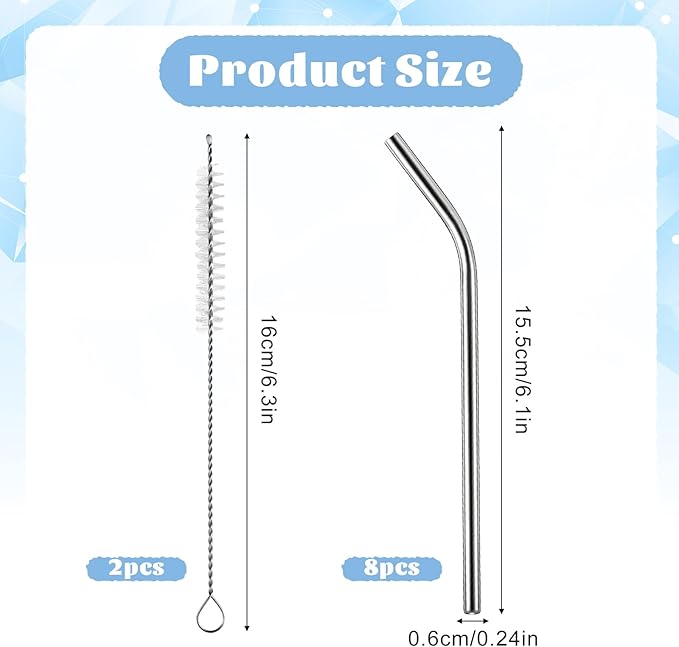 8 Pack 6 Inch Short Metal Straws Stainless Steel Straws Reusable Bent Metal Straw for Cocktails with 2 Cleaning Brush Drinking Straw for Coffee Mugs Small Glasses Cups