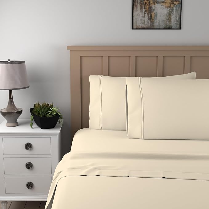 SUPREME ELEGANCE Organic 100% Cotton Light Ivory Full Size Bed Sheets, Percale Weave Cotton Sheet Set for Full Size Bed, Ultra-Soft Cool & Crisp, Breathable, Fits Mattress Upto 16" Deep