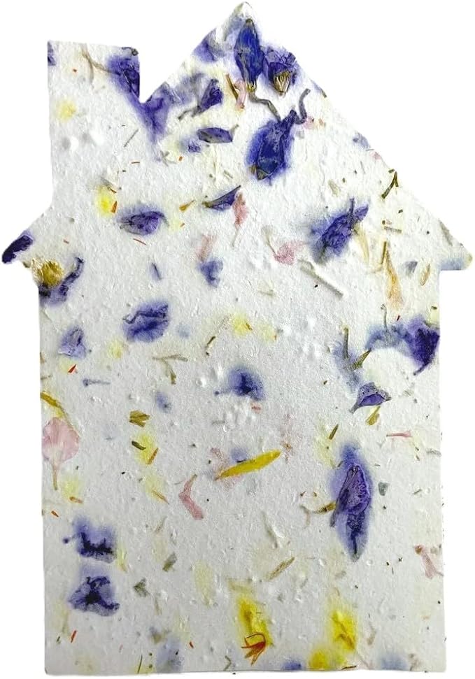 Of The Earth Handmade Paper - Wildflower Seed Paper House Shape Cards - w/Seeds & Petals - 5" x 7" - Set of 8 - Guides & Envelopes Included (45s Purple Recycled)