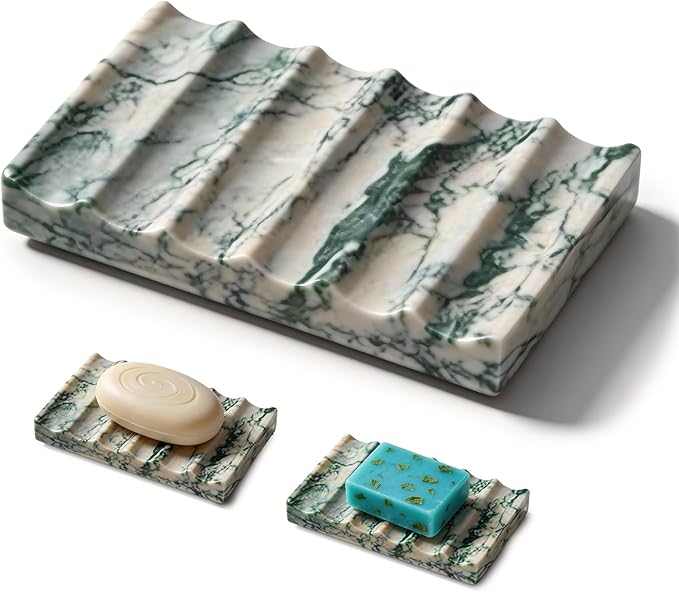 Green Marble Soap Dish, Natural Stone Soap Tray for Shower, Elegant Bar Soap Holder for Bathroom, Kitchen, Countertop, Waterfall Design for Fast Drying