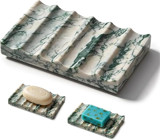 Green Marble Soap Dish, Natural Stone Soap Tray for Shower, Elegant Bar Soap Holder for Bathroom, Kitchen, Countertop, Waterfall Design for Fast Drying