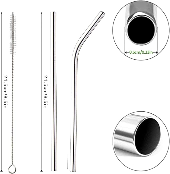 ANNVCHI 16 Pack of Reusable Stainless Steel Metal Straws, 8 Straight + 8 Bent 8.5 inch Metal Straws with 2 Cleaning Brushes, Straw Compatible with 20oz Stanley Cup