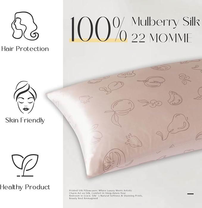 ZIMASILK 22 Momme Silk Pillowcase for Hair and Skin, 100% Mulberry Silk with Hidden Zipper, Grade 6A Luxury Pillow Case for Women, Soft & Durable, Gift Box (Queen 20"x30" Pink - Fruit Line Art)