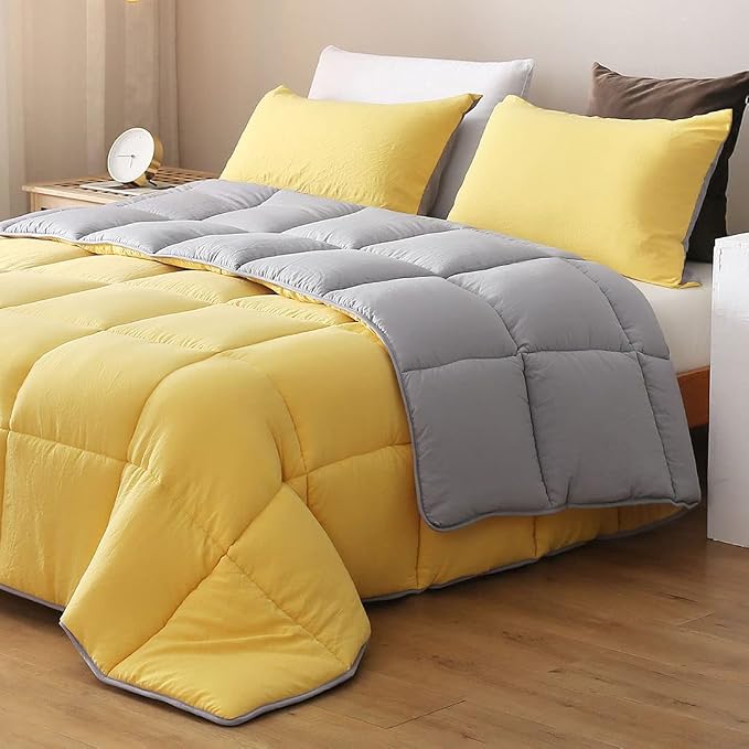 APSMILE Reversible Full/Queen Bed Comforter - All-Season Down Alternative Comforter, Ultra-Soft Cloud Fluffy Microfiber Quilt Duvet, Illuminating Yellow/Ultimate Gray