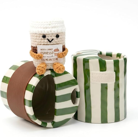 Coffee Lover Gift Set for Women Men, Ceramic Coffee Mug and Handmade Crochet Potato Partner Toy with Positive Card for Friends Teachers Staff Employees Volunteers Birthday Office Desk Decor