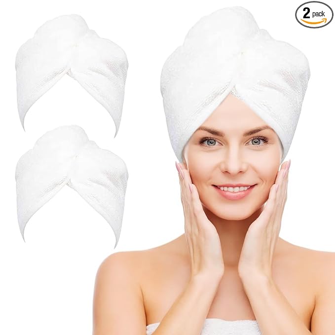 NEXCOVER Hair Towel Microfiber, 2 Pack White 9.8 inch X 25.5 inch Hair Wrap,Ultra Absorbent Hair Turbans,Fast Drying Head Towels for Women Wet Hair,Long,Curly,Thick,Frizzy Hair