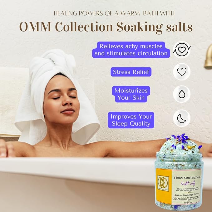 OMM Collection Natural Floral Soaking Bath Salt - Detox Body & Foot Soak - Pink Himalayan & Dead Sea Salt Flakes - Relaxing Bath Soak (Night Lily)