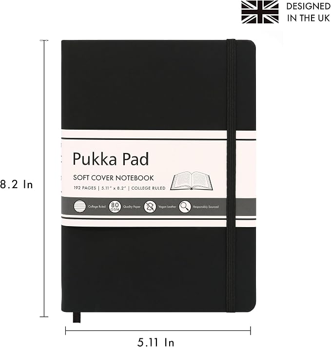 Pukka Pad Soft Cover A5 Notebook – Vegan Leather Journal with 192 Pages, 96 Sheets of 80GSM Ivory Paper, College Ruled without Margins – 5.8 x 8.2in, Black