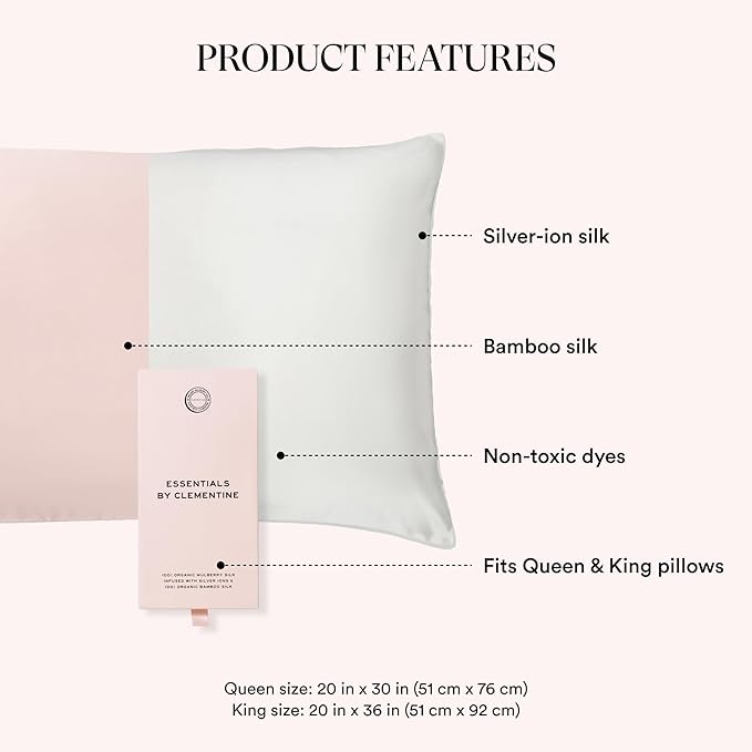 Clementine Sleepwear Essentials Organic Queen Size Pillowcase Ballet Pink | Two-Tone Bamboo and Silver Ion Silk for Acne-Prone Skin, Anti-Aging, and Hydrated Hair and Skin