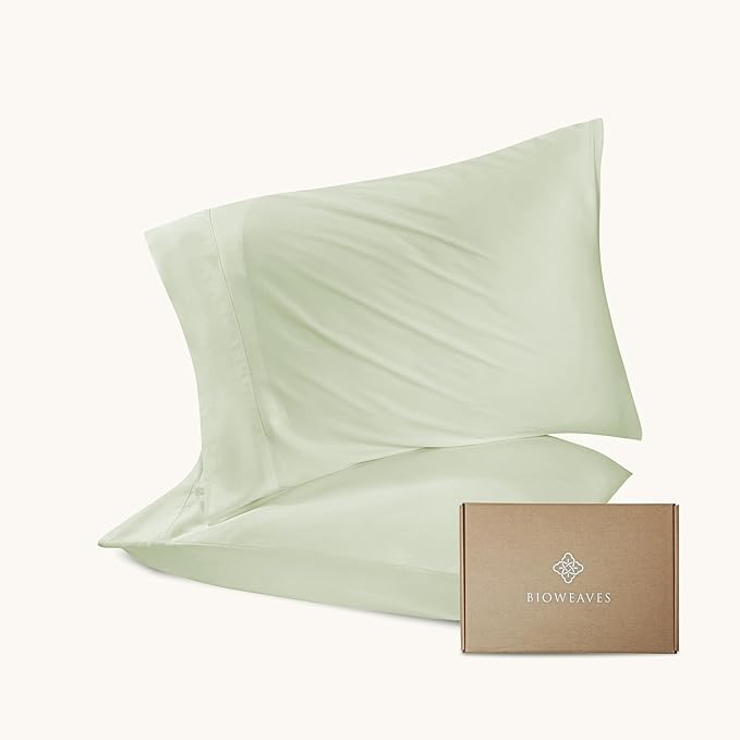 Bioweaves 100% Organic Cotton Envelope Pillow Cases 300 Thread Count Soft Sateen Weave GOTS Certified – 20 X 27, Set of 2, Pastel Green