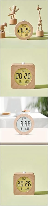 Nordic Style Solid Wood Alarm Clock - Minimalist Wooden Clock with LCD Display, Temperature & Date, Handmade, Rechargeable, Bedside Desk Decor for Home Office (Square)