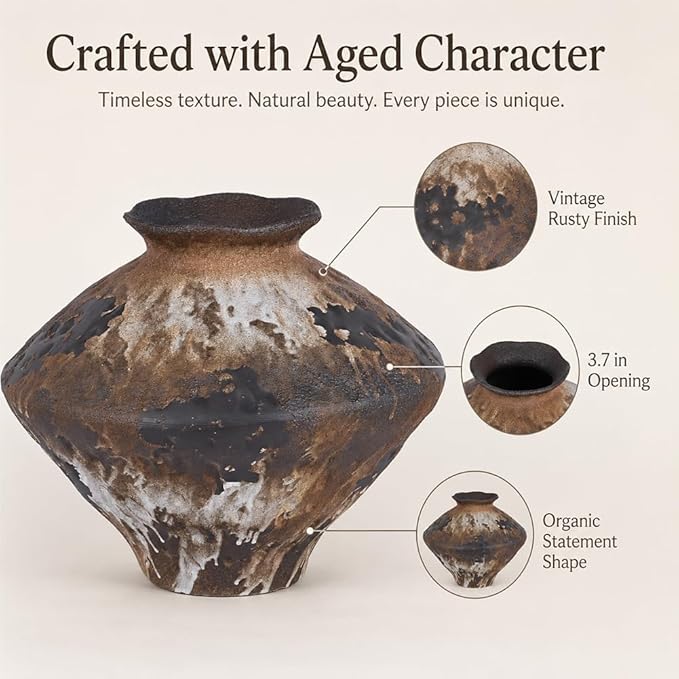 Large Wabi Sabi Rusty Vintage Ceramic Vase, 9.8" Rustic Pottery Vase for Centerpieces, Wabi Sabi Decor Flower Vases for Table, Living Room, Bedroom, Bathroom, Kitchen, Farmhouse Home Decor Gifts