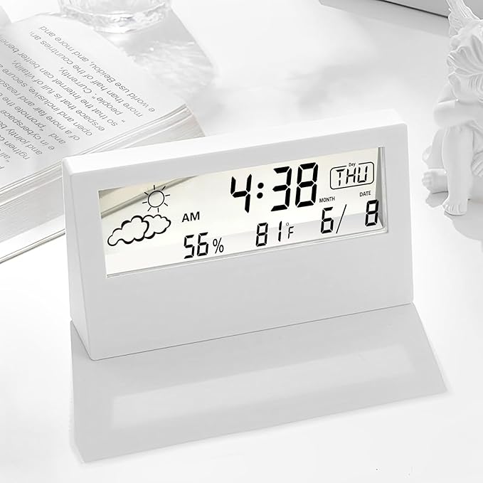 Digital Alarm Clock,Transparent Modern Design, Temperature, Humidity, Snooze, Aesthetic Home & Office Decor, Battery Operated Desk Clock for Office,Living Room,Shelf, Bedroom, White
