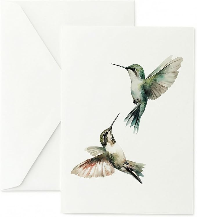 Hummingbirds Greeting Cards - Set of 10 All Occasion 5x7 Note Cards with Envelopes. Blank Inside. Watercolor Images of Hummingbirds in Flight.