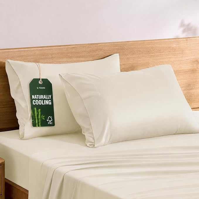TOSMO Luxury Pillow Case Set of 2 - Cooling Viscose Derived from Bamboo - Oeko-TEX, Breathabl Silky Soft Pillow Cases with Envelope Closure (King / 20x36, Beige)