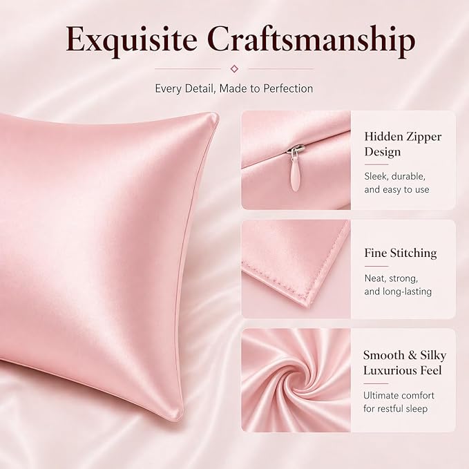 Pink Mulberry Silk Pillowcase Queen Size - 22 Momme Silk Pillow Case for Sleeping Women, Luxury Hypoallergenic Acne Pillow Case, Anti-Breakage Self-Care Item, Girly Gifts, 1 Pc 20"x30" (Queen, Pink)