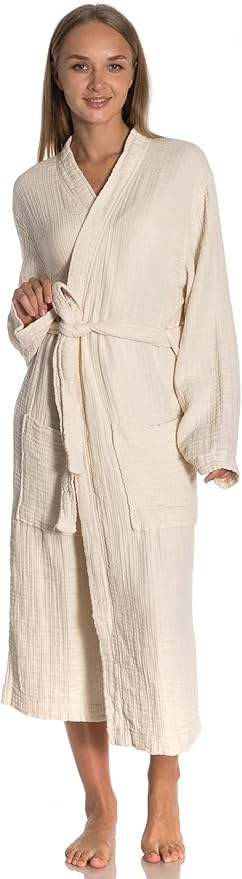 Muslin Unisex Bathrobe Women & Men, 100% Cotton Kimono Lightweight Robe | Long Robes Soft, Absorbent, Spa robes