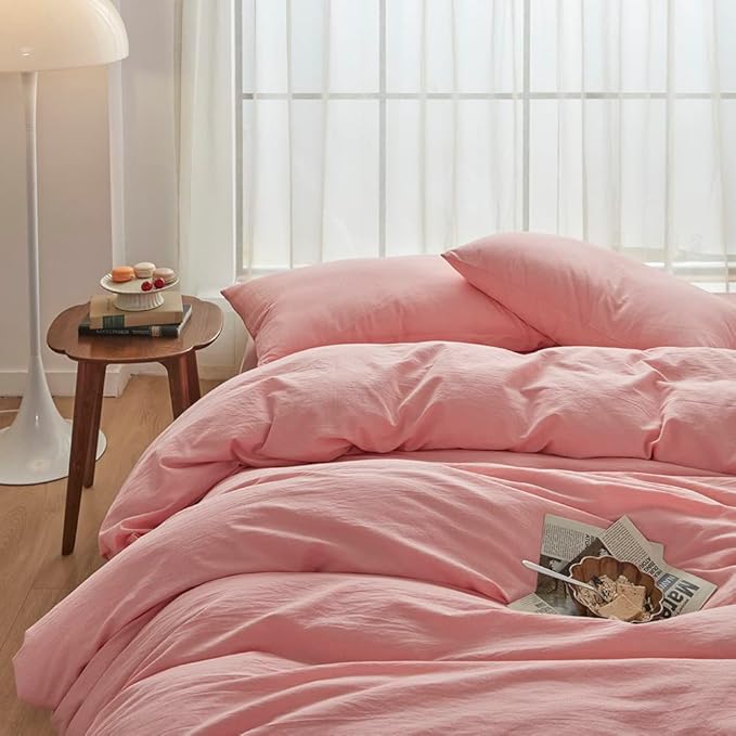FACE TWO FACE Bedding Duvet Cover Set100% Washed Cotton Duvet Cover Linen Like Textured Breathable Durable Soft Comfy (Full, Light Pink)