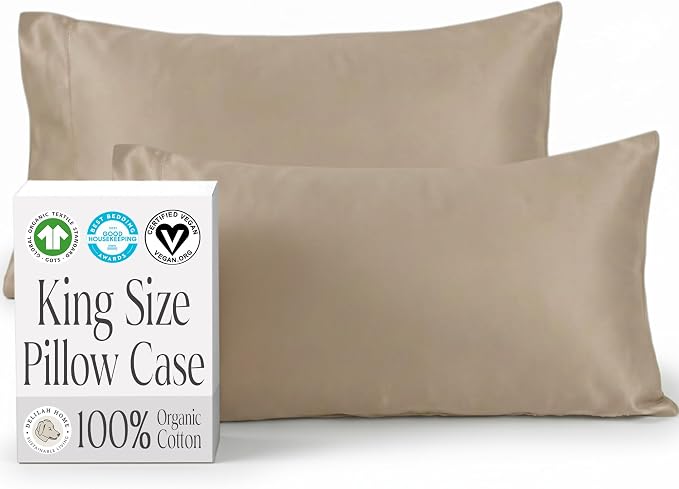 Delilah Home 100% Organic Cotton King Pillow Case, GOTS & Vegan.org Verified, Long Stem 300 TC Sateen Bedding, Non-Synthetic, Deep Pocket Fitted Linen, Lightweight, All-Season, 2 Pieces Set - Beige