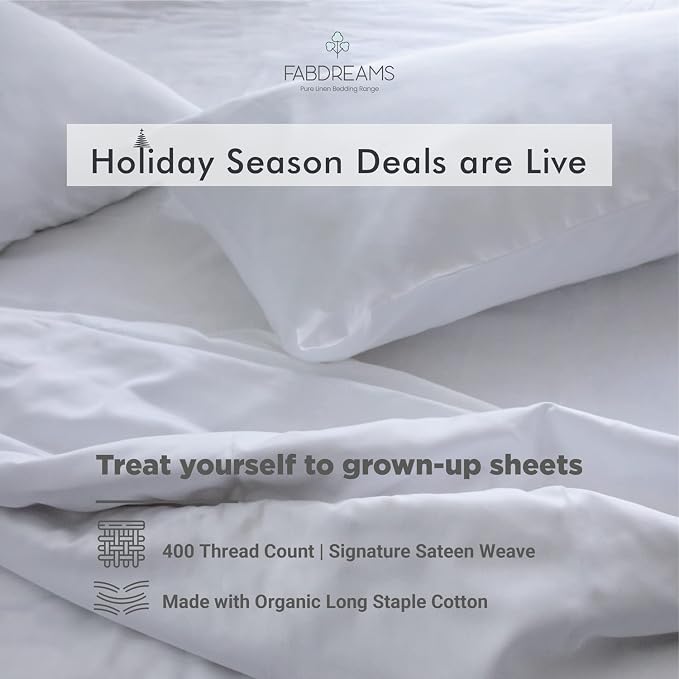 Fabdreams 100% Organic Cotton California King Sheet Set | 400 Thread Count | GOTS Certified Long Staple Cotton|Elasticised 17" Deep Pockets|Smoother Than Egyptian Cotton|White