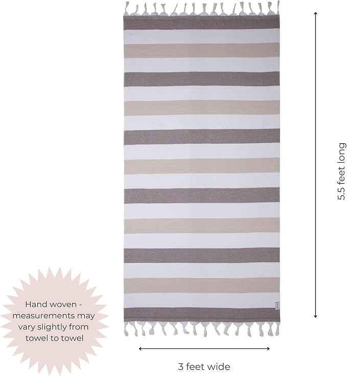 InfuseZen Terry Cloth Lined Turkish Bath & Beach Towel – Striped Design - 100% Organic Turkish Cotton - Soft, Lightweight, Absorbent Peshtemal - Quick Dry for Beach, Bath, Throw, Travel - Brown/Beige
