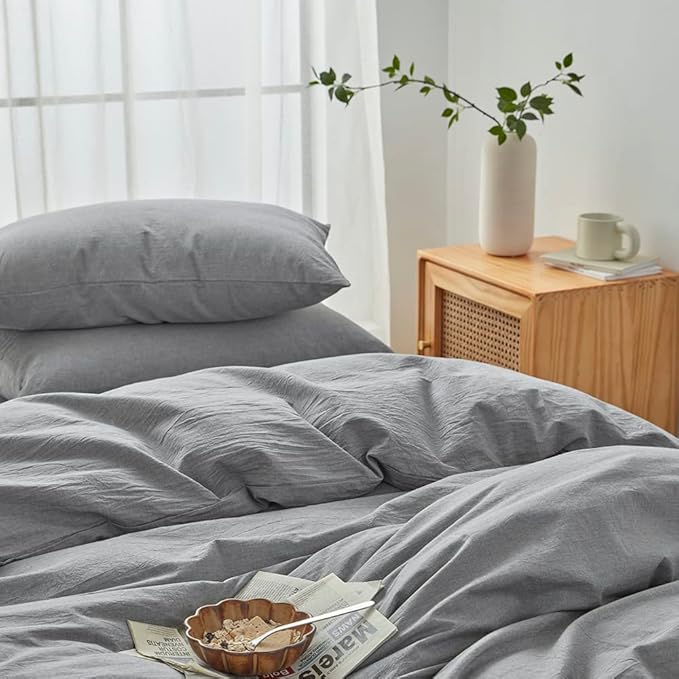 FACE TWO FACE Bedding Duvet Cover Set100% Washed Cotton Duvet Cover Linen Like Textured Breathable Durable Soft Comfy (King, Light Grey)