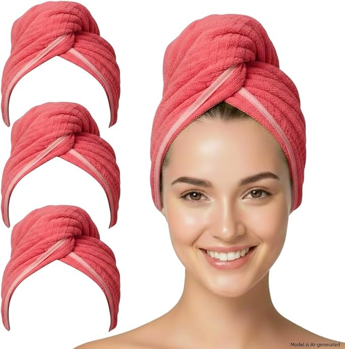 3 Pack Red Microfiber Hair Towel Wrap, Super Absorbent Quick Dry Hair Turban for Women, 10x26 Inches Soft Hair Drying Cap for Long Thick Curly Hair, Shower Bath Travel