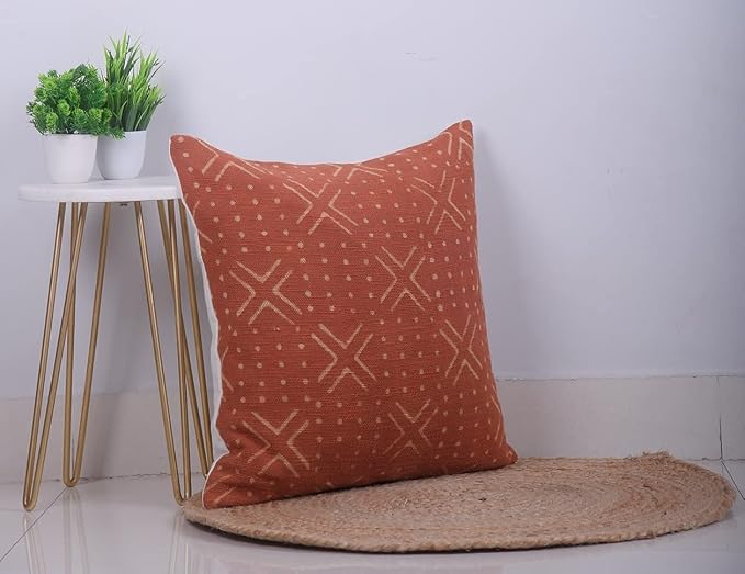 Trade Star 100% Cotton Throw Cushion Cover Designer Cushion Cover Handmade Square Pillow Case Authentic Mudcloth Bed Cushion Case (Rust NOVA 18X18 INCHES)
