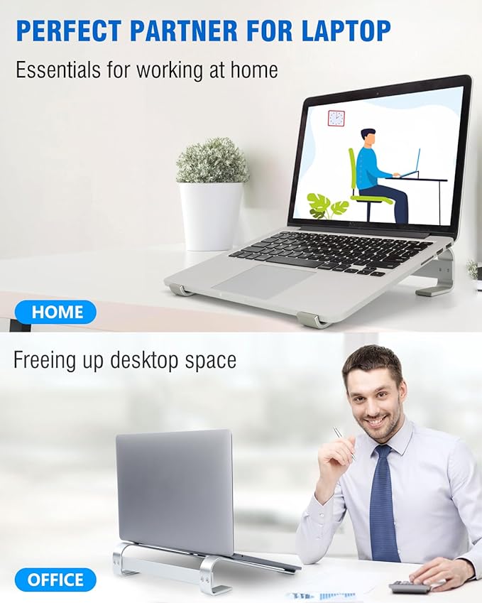 Laptop Stand for Desk, Ventilated Aluminum Laptop Riser, Silver | Stable Typing Support, Fixed 17° Angle, 2.5 in Lift, Silicone Pads, Open Airflow, Fits Most 11–16 in Laptops, Tool Included