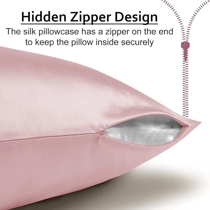 Ravmix 100% Silk Pillow Cases with Zipper, 21momme Mulberry Silk Pillowcase for Hair Skin Health, Soft Smooth Breathable Cool Pillow Cover for Beauty Sleep with Gift Box 1PC(Queen 20"x30", Soft Pink)