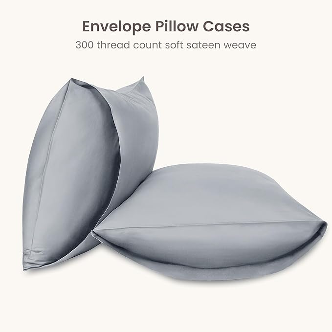 Bioweaves 100% Organic Cotton Envelope Pillow Cases 300 Thread Count Soft Sateen Weave GOTS Certified – 20 X 27, Set of 2, Shore