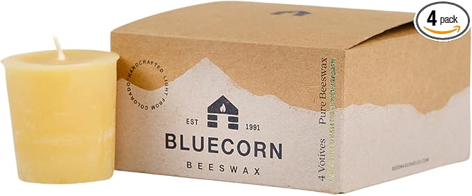 Bluecorn Beeswax Votive Candles, 100% Pure Natural Bees Wax, Yellow Votives, Clean Burning & Long Lasting (12+ Hours), Fragrance Free, Home Decor & Wedding Decorations, American Made, 4 Pack