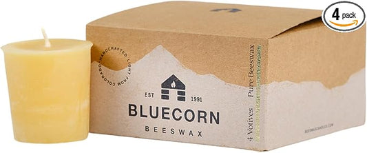 Bluecorn Beeswax Votive Candles, 100% Pure Natural Bees Wax, Yellow Votives, Clean Burning & Long Lasting (12+ Hours), Fragrance Free, Home Decor & Wedding Decorations, American Made, 4 Pack