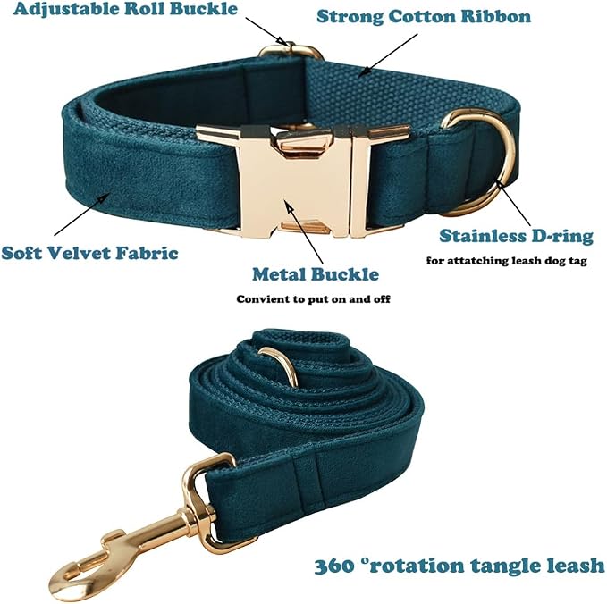 Love Dream Velvet Dog Collar and Leash Set, Soft & Comfy Adjustable Dog Leash and Collar with Heavy Duty Metal Buckle for Small Medium Large Dogs Training & Walking (Medium, Peacock Green)