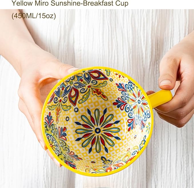 Yellow Ceramic Mug, Bohemian Hand-Painted, 15 Oz Large Coffee Cup for Milk, Tea, Breakfast, Dishwasher & Microwave Safe Cup