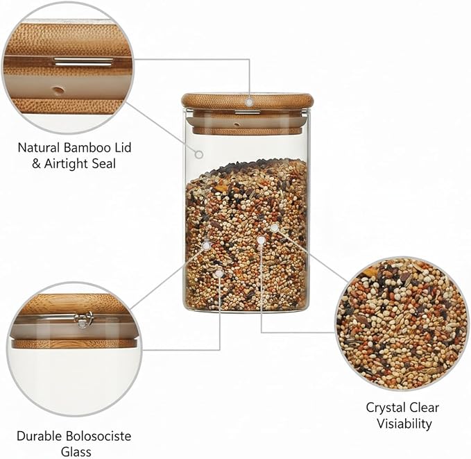 Borosilicate Glass Storage Jar with Bamboo Lid, Airtight Dry Food Canister for Kitchen Pantry & Countertop Organization