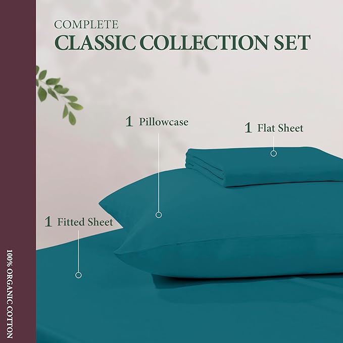 100% Organic Cotton Sheets Twin XL Size - Organic Cotton Twin XL Size Percale Weave Sheet Set (3 PC, Teal), Soft, Cooling, Crisp & Breathable, 16" Deep Pocket Hotel Bedding Set