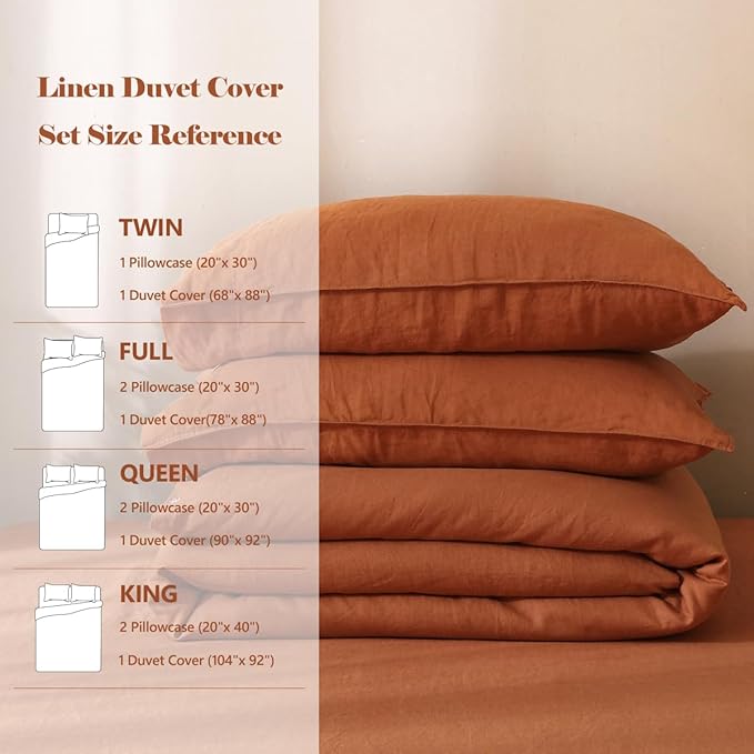 S VICTORY SYMBOL 100% Organic Linen Duvet Cover Set Full Size Rust,Stone Washed French Flax 1 Comforter Cover with Button Closure and 2 Pillowcases,Caramel