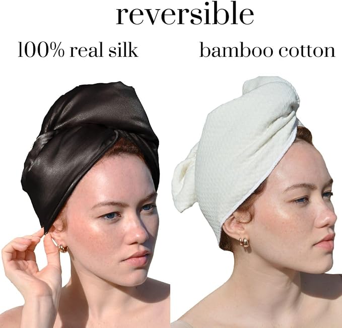 Cool Mom's Closet Pure Silk Hair Towel | Towel for Hair Satin Hair Wrap Curly Hair Towel Plopping Towel Curly Hair Plop Bamboo Cotton | Sustainable Handmade in FL (Black, X-Large)
