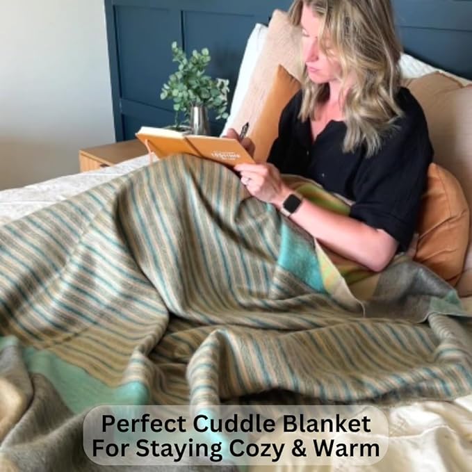 DAVLINA, Alpaca Wool Throw Blanket | Super Soft, Lightweight, Breathable and Hypoallergenic | Non-Itchy or Scratchy (Green Gray Varicolored, Striped)