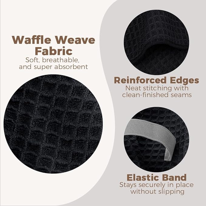 HOMEXCEL Large Microfiber Hair Towels 2 Pack, Waffle Weave Black Hair Towels - 40 x 26.5 inches Fast Drying Turbans for Long, Thick, Curly Hair - Anti Frizz Wrap with Elastic Strap