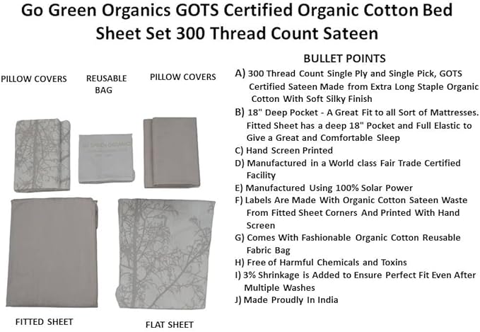 Organic Cotton Long Staple Silky Soft Single Pick Sateen Bed Sheet Set - Luxurious & Premium Hotel Quality - GOTS Certified - Printed & Dyed Combination - Deep Pocket - Easy Care - Queen