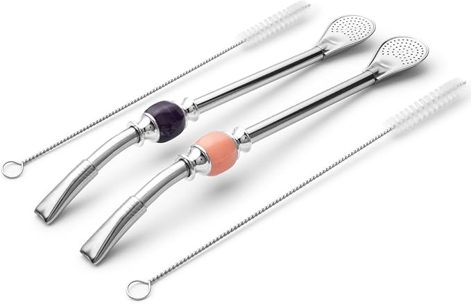 CUOPRU Yerba Mate Bombillas Set - Included Mate Gourd Stainless Steel Straws with Straw Case, Removable Head Filter, Colorful Bead, Cleaning Brush (Purple and Pink)