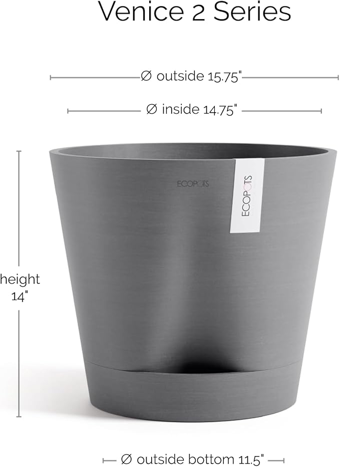 Ecopots Venice 2 Durable Modern Round Indoor/Outdoor Recycled-Based Composite Flower Pot Planter w/Water Reservoir, Grey, 16"