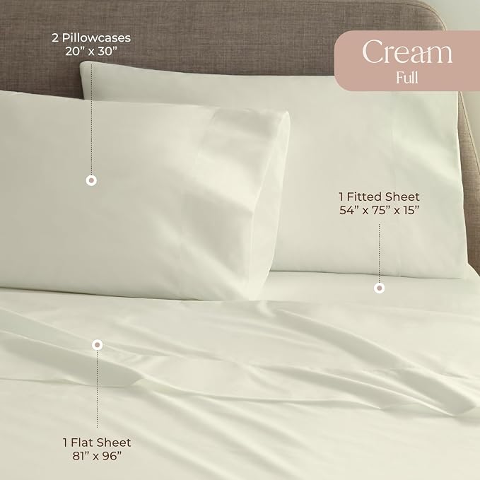 100% Organic Cotton Sheets Full Size - GOTS Certified Cotton Percale Sheets with Crisp Cool & Breathable Percale Weave Perfect for Hot Sleepers - Durable Luxury 4 Piece Set (Cream, Full)