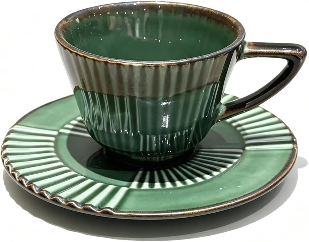 Ceramic Coffee Cup and Saucer Set, 6.7 oz Espresso Cup Set with Plate, Forest Green Ceramic Tea Cup for Latte, Cappuccino, Coffee Bar and Kitchen Décor