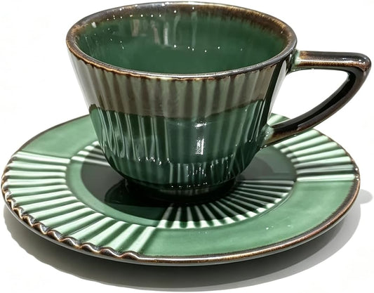 Ceramic Coffee Cup and Saucer Set, 6.7 oz Espresso Cup Set with Plate, Forest Green Ceramic Tea Cup for Latte, Cappuccino, Coffee Bar and Kitchen Décor