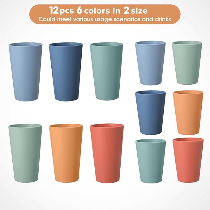 HEYCOME Set of 12 Wheat Straw Cups, 6 Pcs 20 oz & 6 Pcs 12 oz Unbreakable Drinking Cups, Reusable Plastic Cups Sets, Water Glasses Tumblers, Microwave & Dishwasher Safe, Bpa Free, 6 Colors