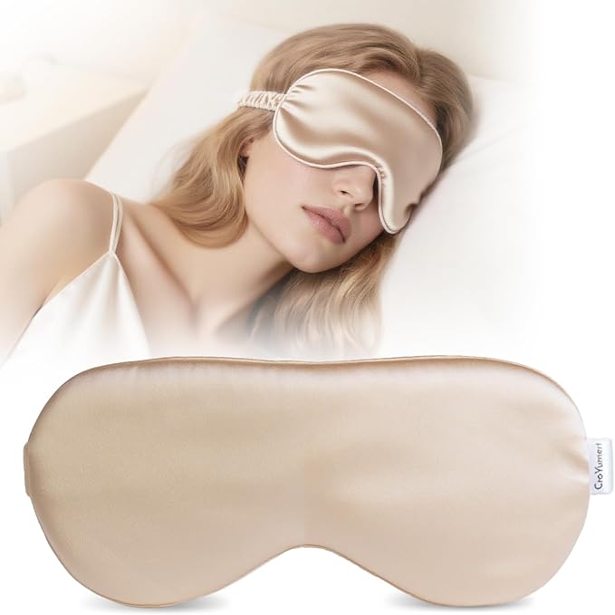 100% Pure Mulberry Silk Eye Mask - 22 Momme Adjustable Strap, Light Blocking, Silk Storage Bag & Gift Box - for Sleep/Travel/Gift, Sensitive Skin Friendly (Champagne)
